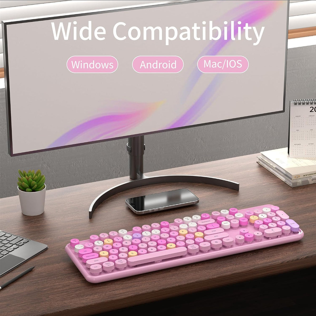 Cute Colorful Wireless Bluetooth Keyboard, Pink Colorful