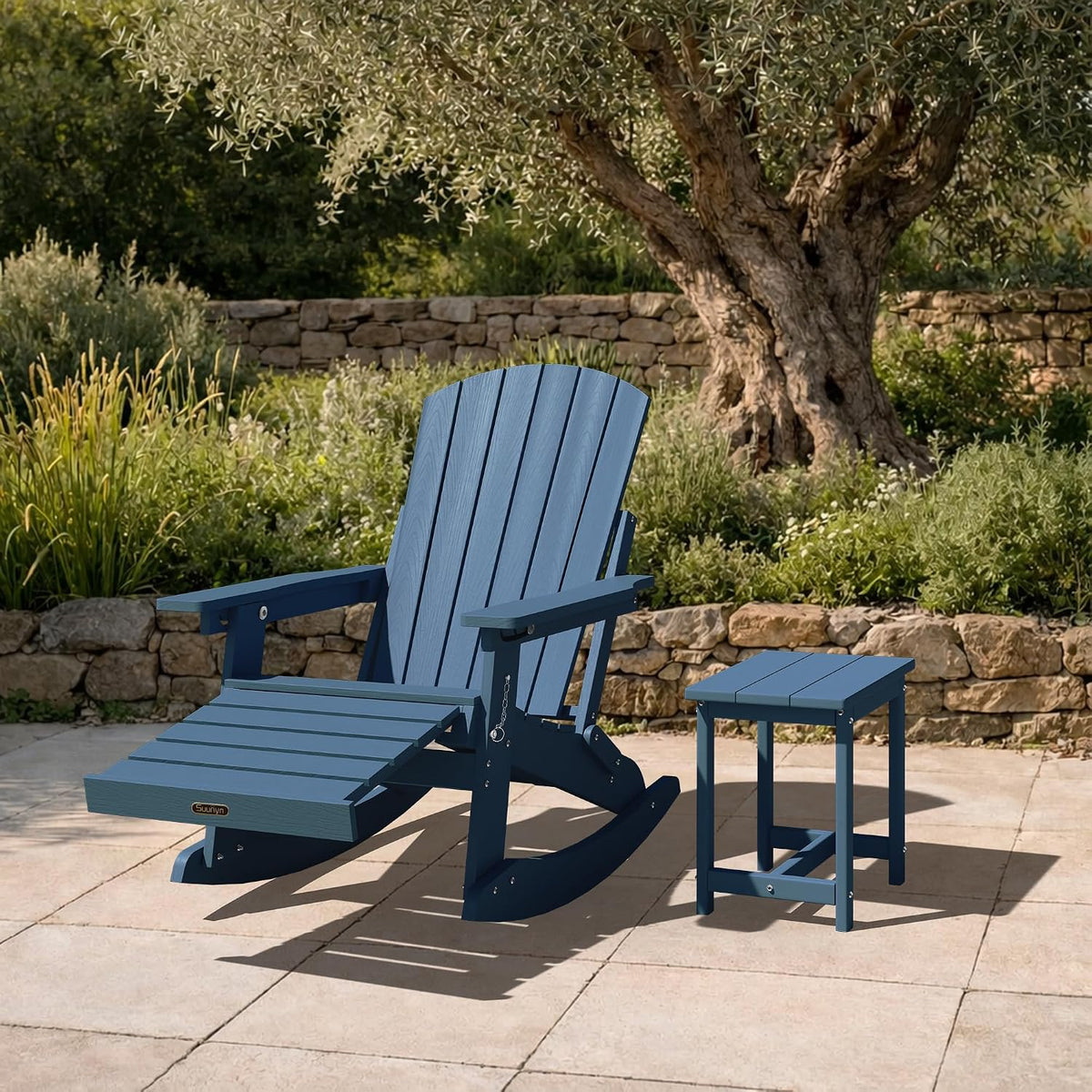 4-in-1 Rocking Adirondack Chair Set of 2, HDPE, Footrest, Navy Blue