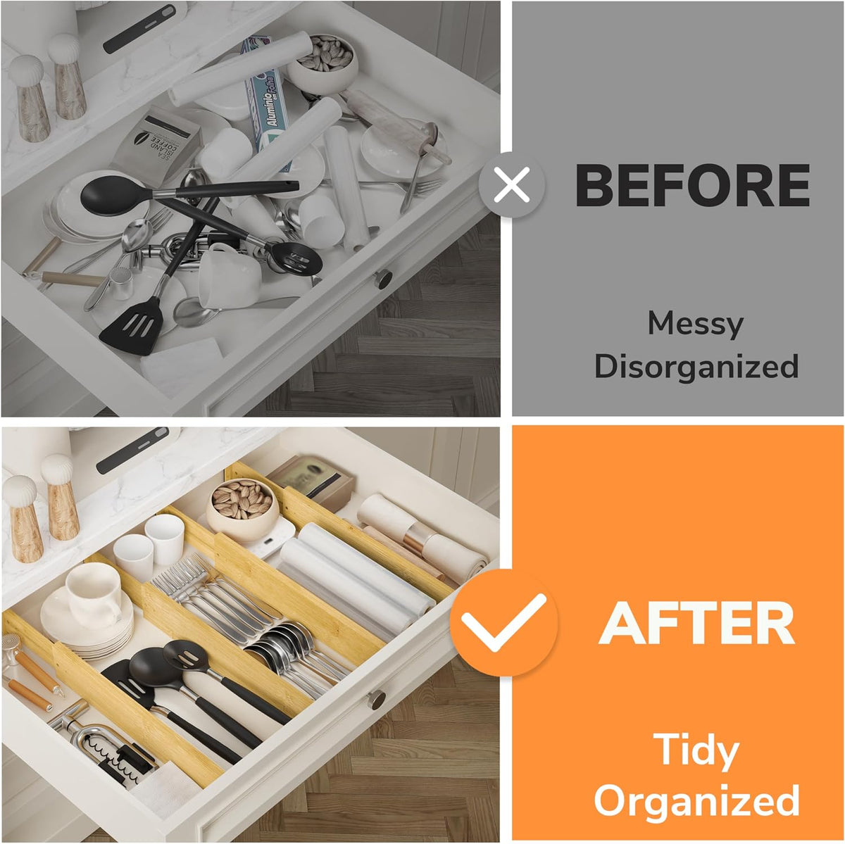 BAMEOS Bamboo Expandable Drawer Dividers – Fits 16.65"–22" Drawers, 3" Deep Walls, Set of 4 | Taller Spring-Loaded Separator Keeps Items Upright in Kitchen & Dresser Drawers