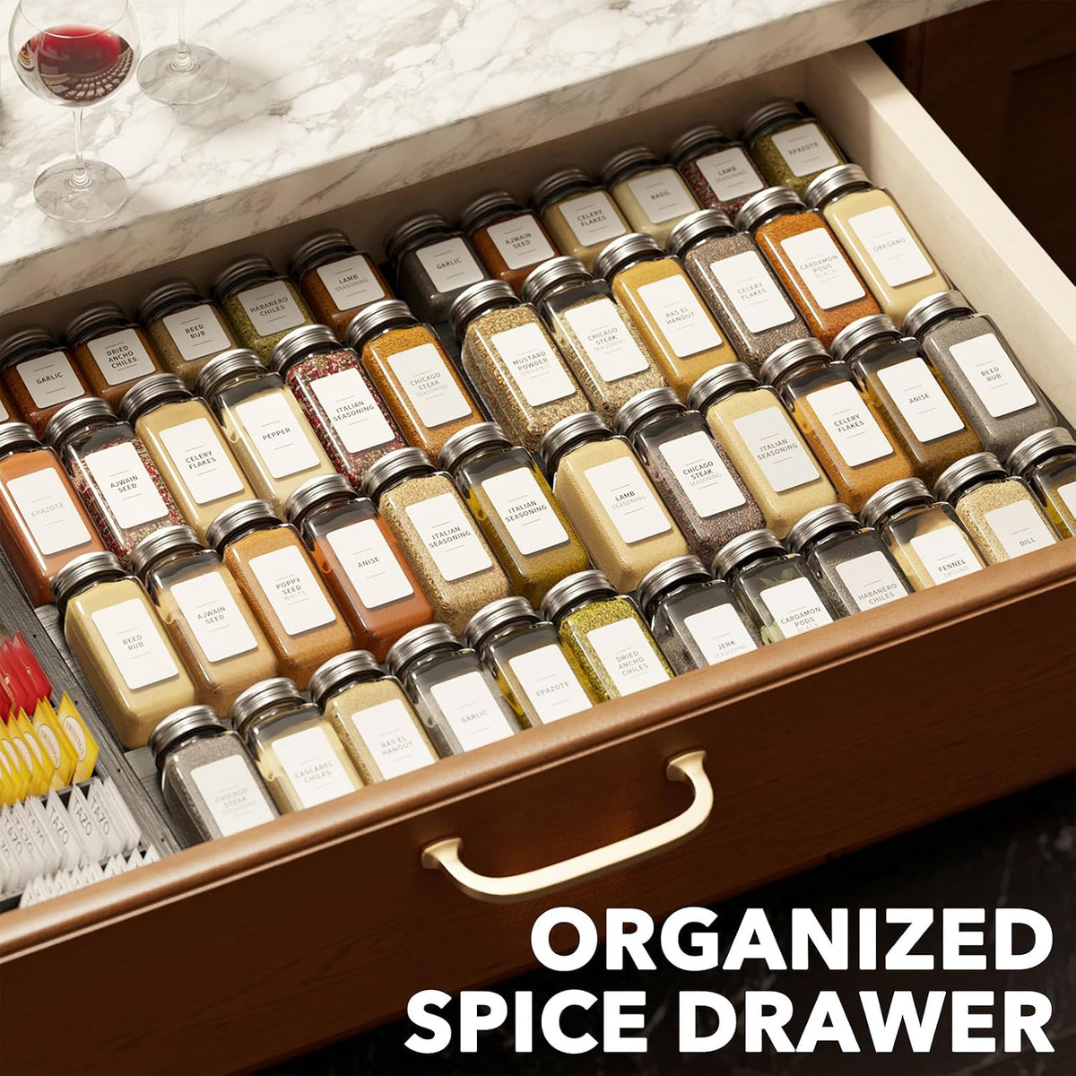 SpaceAid Bamboo Black Spice Drawer Organizer, (Need 3" Deep Drawer) Expandable 4 Tier Spices Rack for Cabinet, Kitchen Seasoning Storage Insert (Jars Not Included, From 12" to 23" Wide)