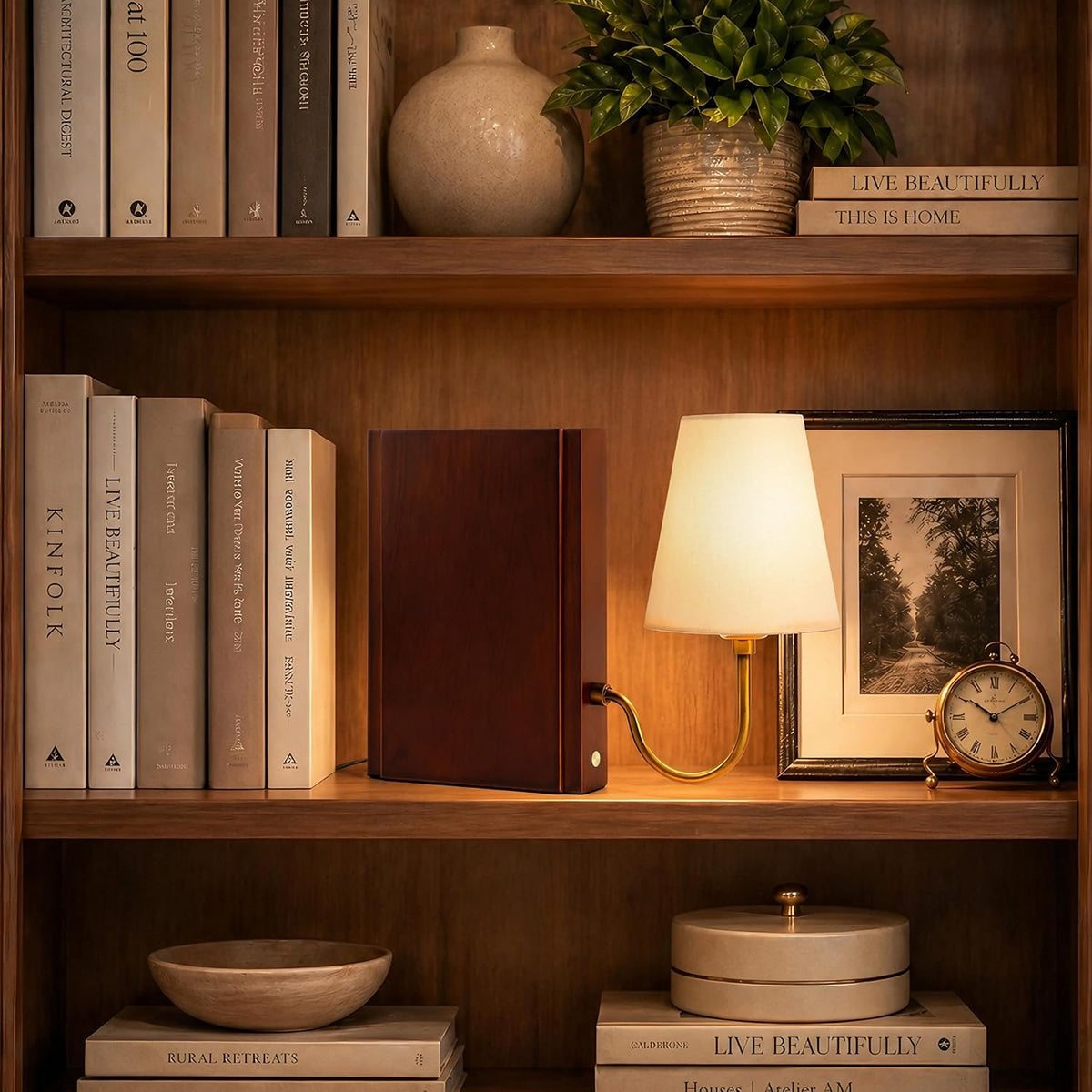 AELS Solid Wood Bookshelf Lamp with Bulb, 3-Color Touch Control Dimmable Table Lamp with Linen Shade, Modern Decorative Bookend Lamp for Bedroom, Office & Bookshelf Decor, Dark Brown