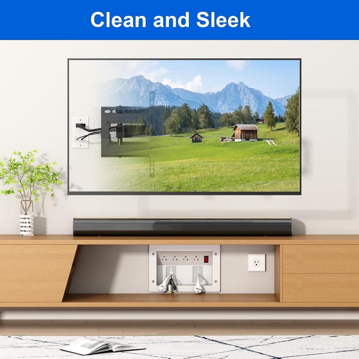 in Wall TV Cable Management Kit with Recessed Outlet – 4 Outlets, 7ft Cord(4ft+3ft), Drywall Cutting Drill Bit and Hand Saw – Easy, Overload Protection Switch, Safe TV Wire Hider for Wall