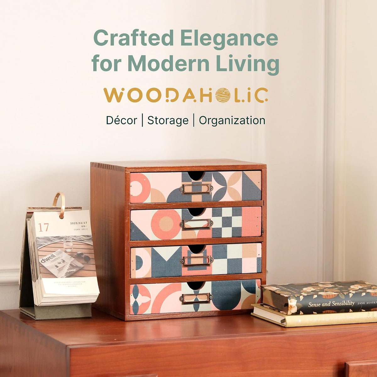 Mid-Century Modern Geometric Pattern Desk Organizer - Earth Tone Desktop Storage with 4-Drawer - Retro Modern Wood Cabinet for Office Supplies, Craft Tools, & Home Organization - MCM Drawer Unit