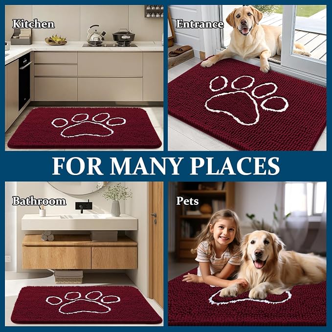OLANLY Dog Door Mat for Muddy Paws 24x16, Paw Print Design, Absorbs Moisture