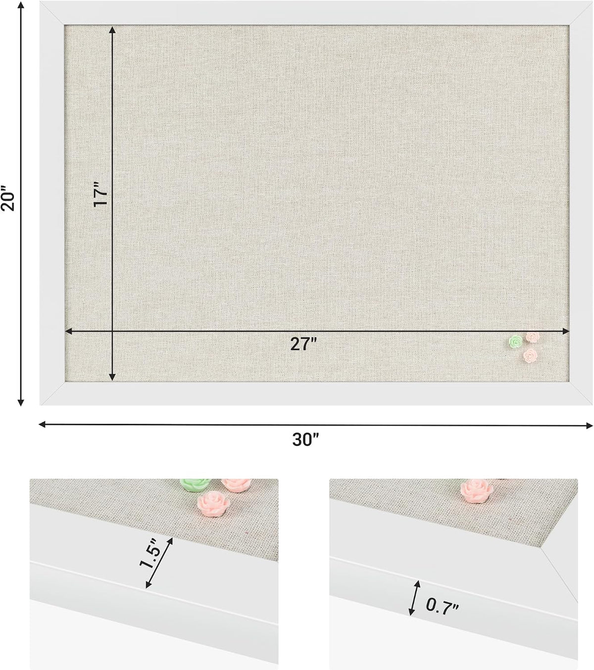 White Cork Board Bulletin Board with Linen, Wood Framed 30" x 20" Corkboard, Office Board for Wall Decor, Wall Mounted Pin Board Picture Board with 20 Pushpins for School, Home & Office