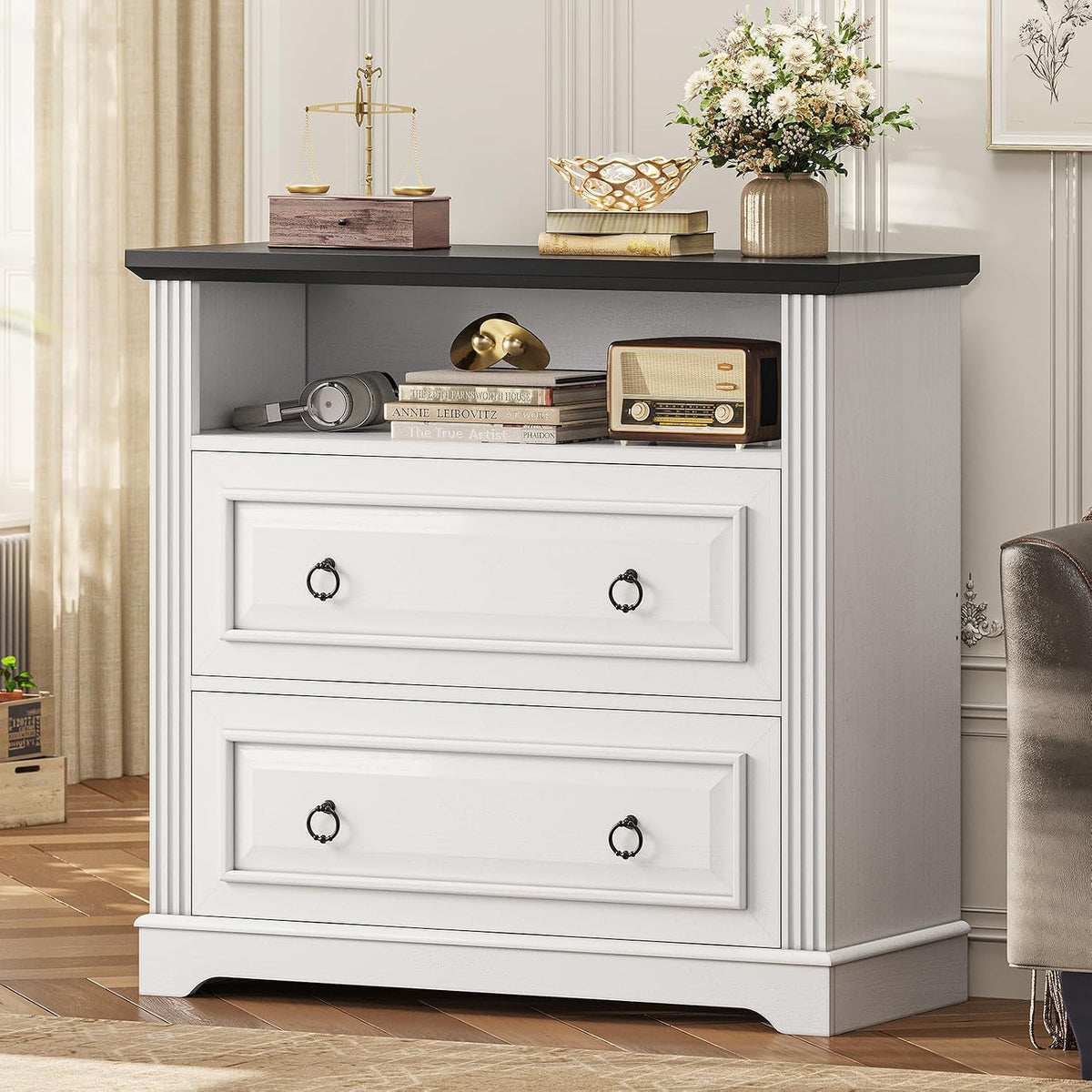 Itaar 2 Drawer File Cabinet, Farmhouse Filing Cabinet for Home Office Fits Letter, Legal, A4 Size, Wood Lateral File Cabinet with Printer Stand, Storage Shelf, White