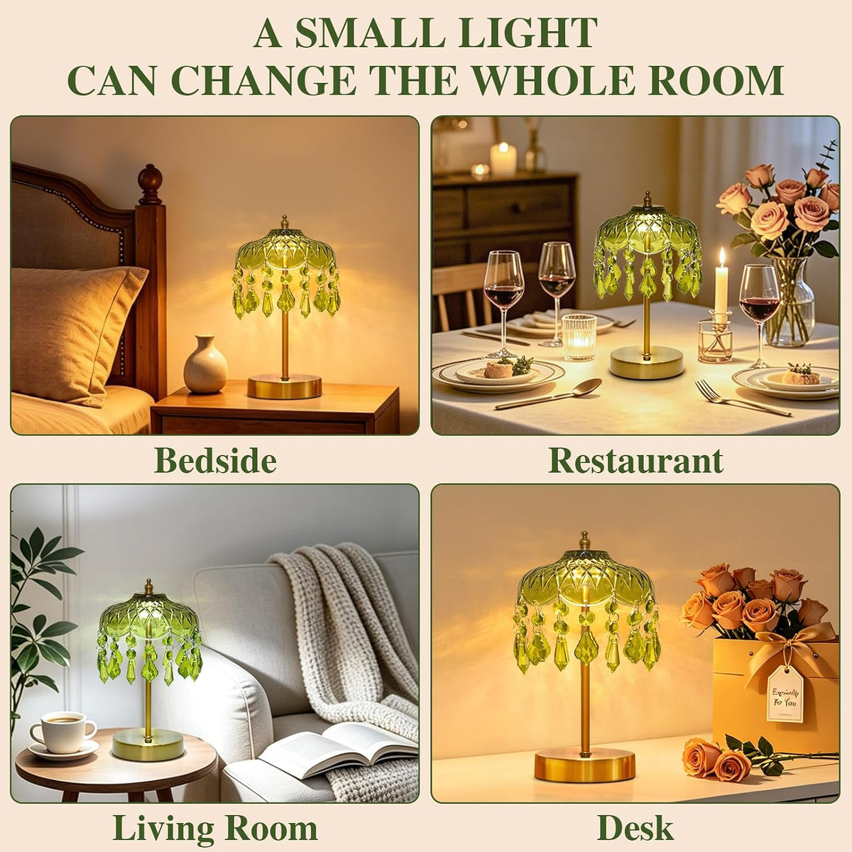 Cordless Crystal Table Lamp, 6000mAh, Touch Dimmable, 3-Color