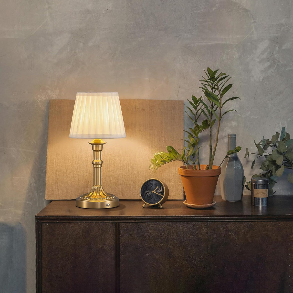 KDG Gold Cordless Table Lamps Set of 2, Beige Fabric Shade Small Desk Lamp