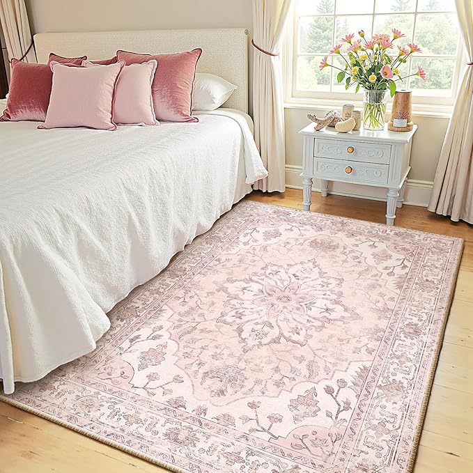 RELEANY Area Rugs 4'x6' Washable Non-Slip, Floral Vintage Distress Medallion
