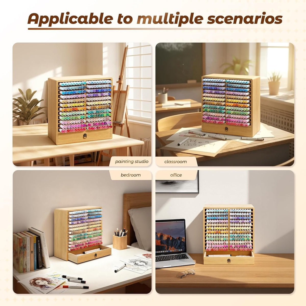 Marker Organizer, 24 Slots Wooden Storage for Up to 216 Markers with Drawer