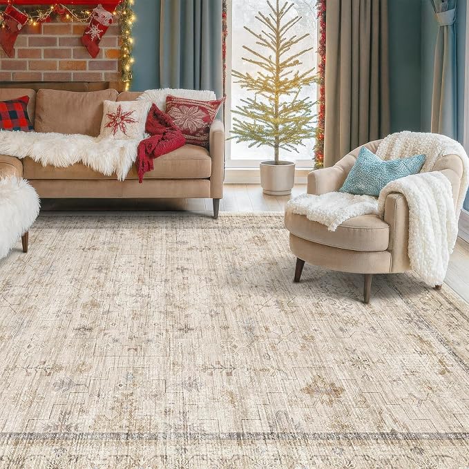 Washable Ivory 6x9 Living Room Rug, Non Slip Dinning Rugs
