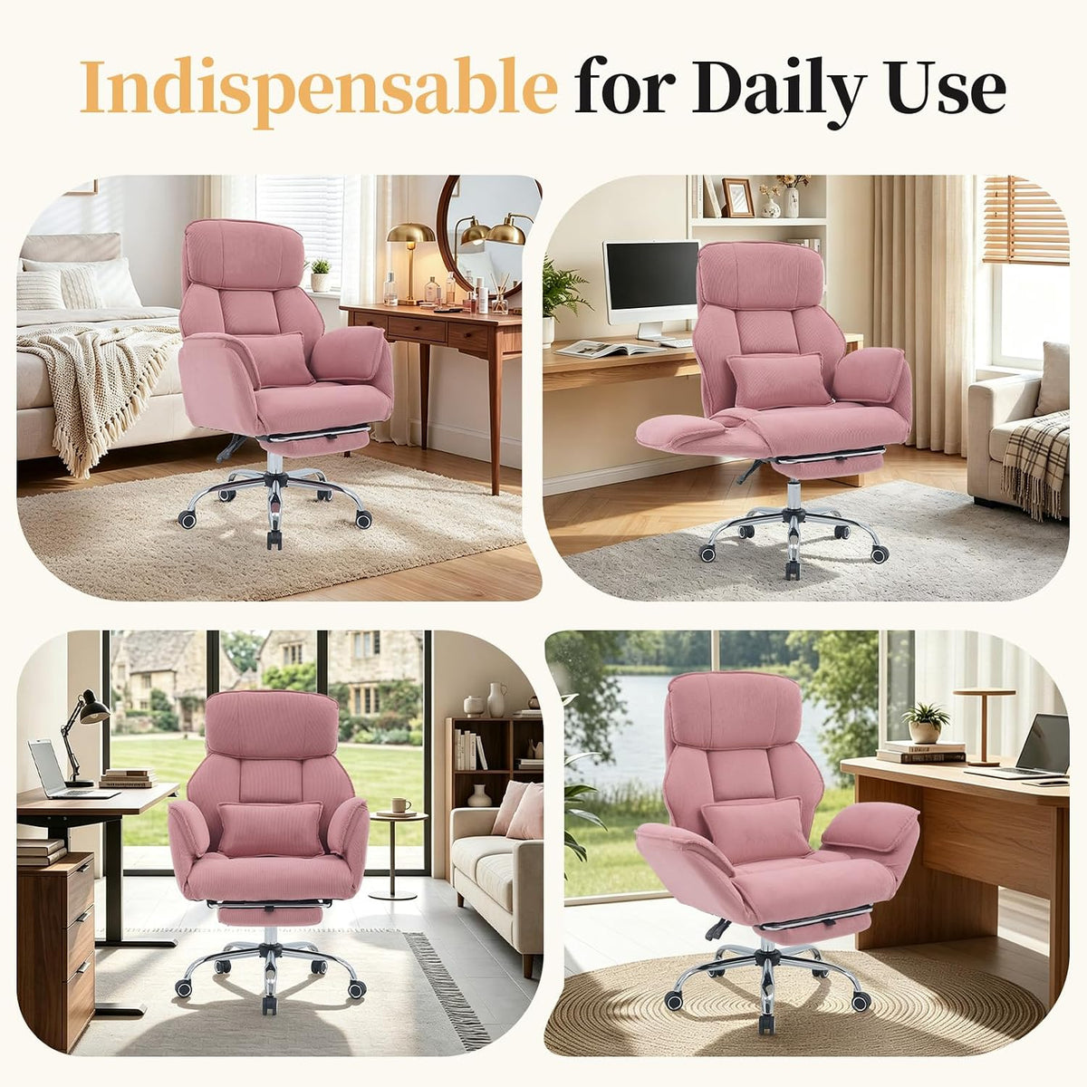 Criss Cross Office Chair with Footrest - 5-Gear Flat Armrests Corduroy Desk Chair, Reclining Wide Ergonomic Computer Chair with Lumbar Pillow, High Back Swivel Vanity Chair