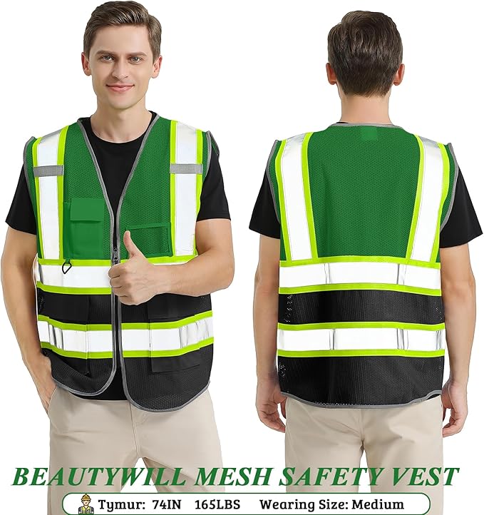10 Pack Custom Safety Vest Customized Logo Mesh Vest Class 2 High Visibility Reflective Vest with Pockets Workwear(Green Black,XXL )
