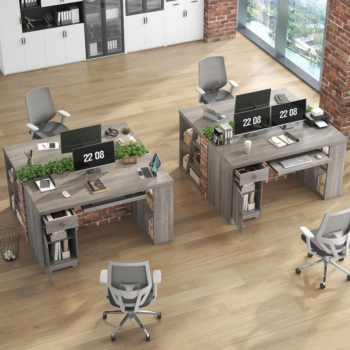 HSH 55" Office Desk with Keyboard Tray, Modern Computer Desk with Storage