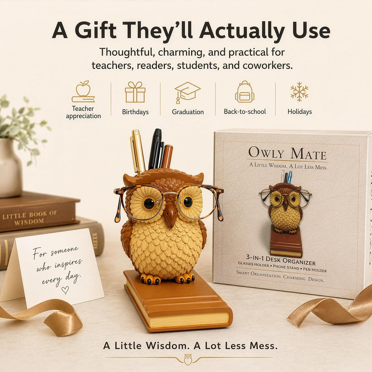 Owly Mate Owl Eyeglass Holder for Nightstand and Desk, Cute Glasses Holder with Phone Stand and Pen Holder, 3-in-1 Desk Organizer for Glasses, Phone & Pens - Gift for Owl Lovers