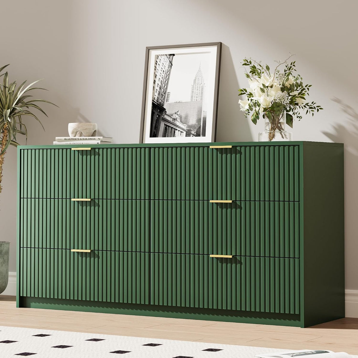 MAISONARIA 55" Wide Fluted 6-Drawer Double Dresser for Bedroom, Green