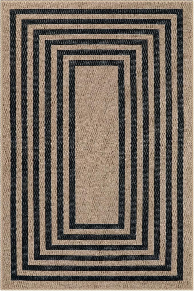 Lahome Enfys Modern Geometric Easy Jute Entryway Rug, 4x6 Black Washable Carpet