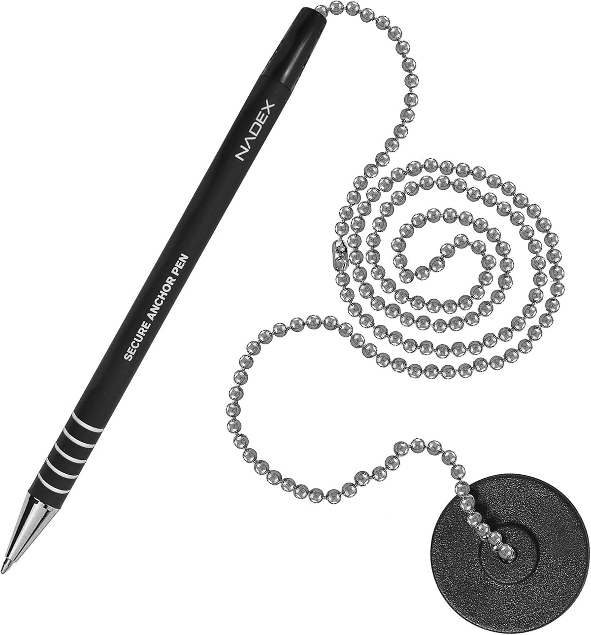 Nadex Ball and Chain Security Pen Set | 12 Pens, 12 Adhesive Mounts, and 12 Refills (Black)