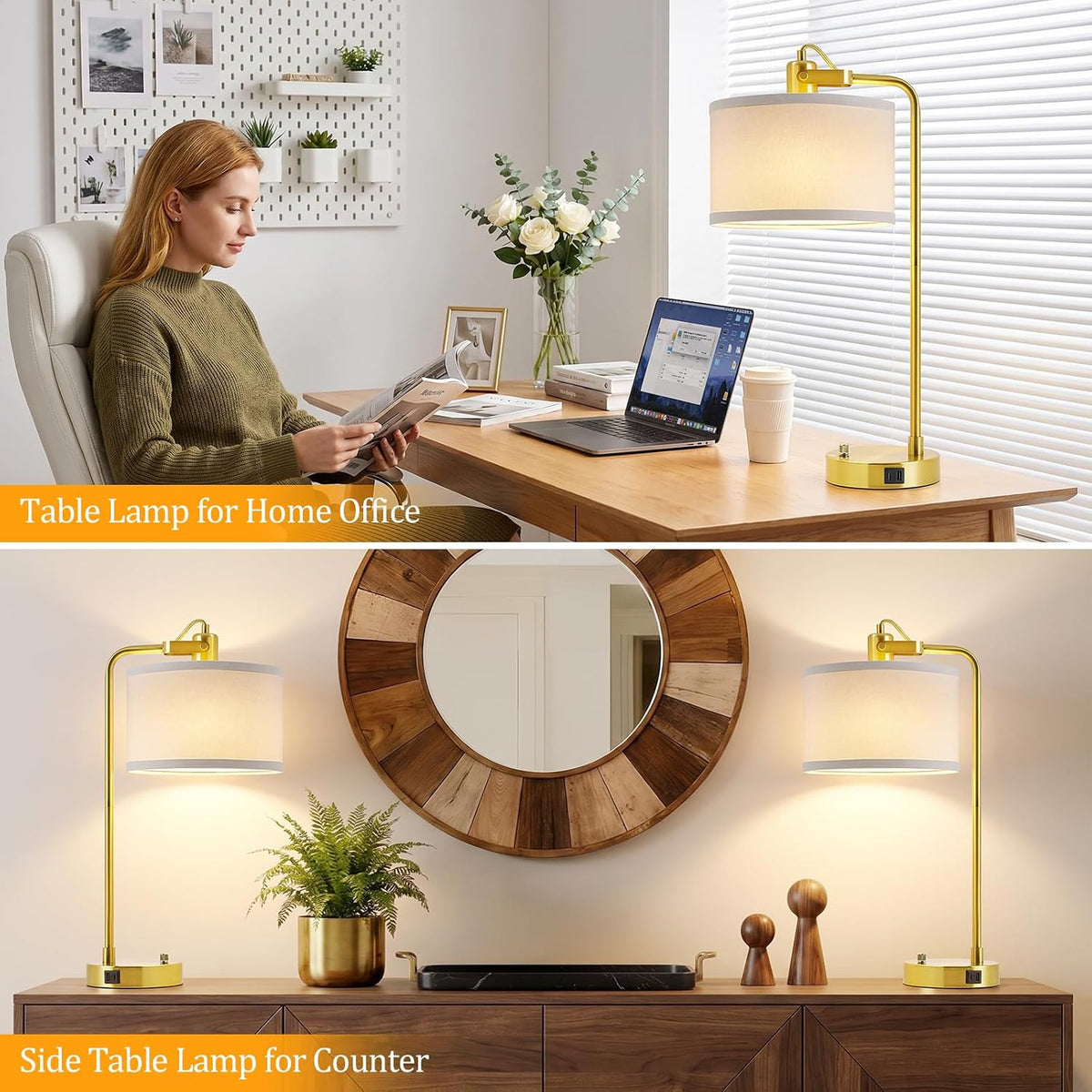 Gold Table Lamp Set of 2, USB A+C, 180° Adjustable Bedside Lamps, Dimmable