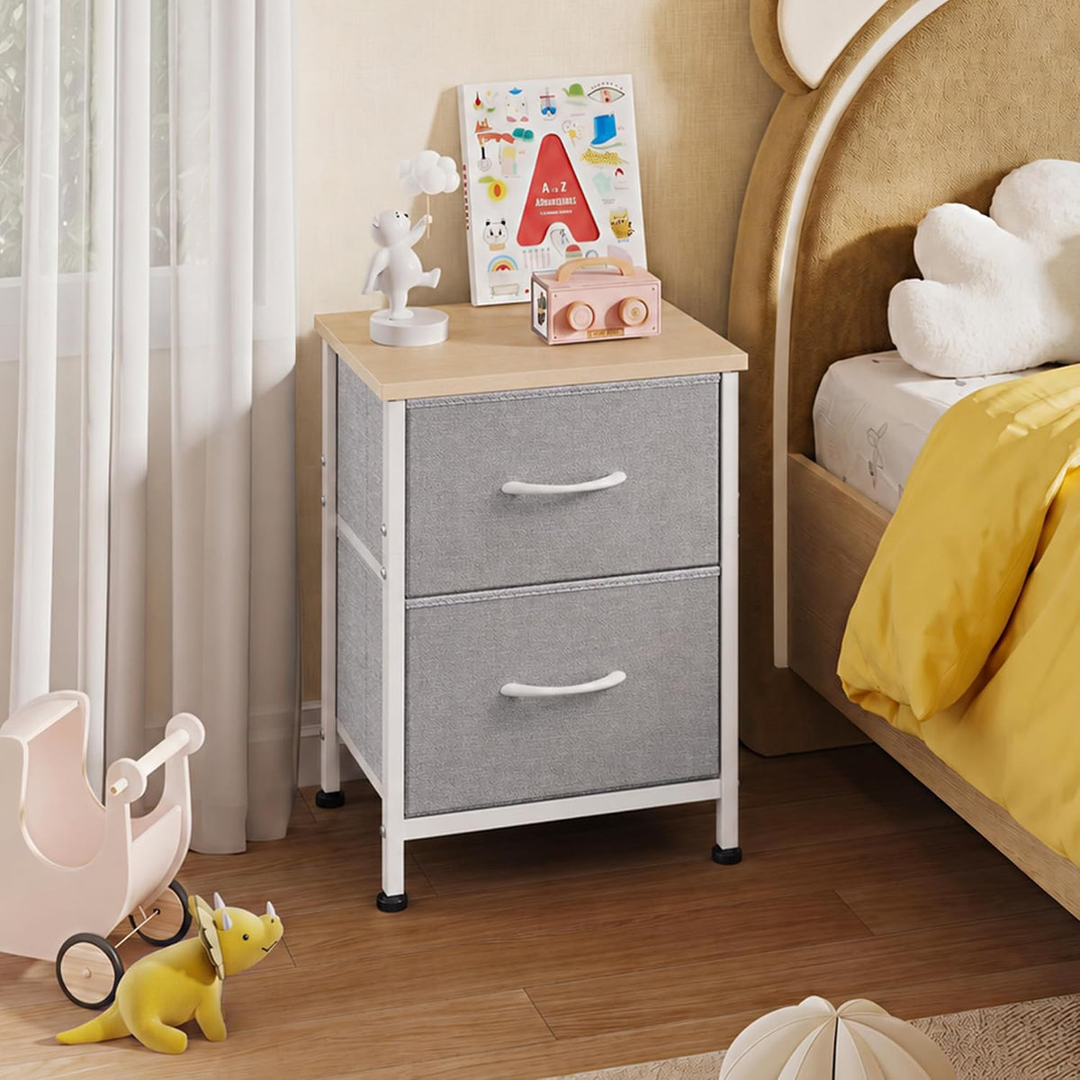 WLIVE Night Stand, Gray Nightstand with 2 Fabric Drawers, Small Dresser for Bedroom, Closet, College Dorm, End Table Side Furniture, Wood Top, Light Grey