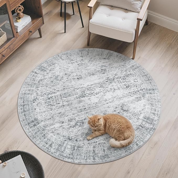 Soalmost 5x5 Grey Round Rug 5ft Living Room Circle Rug Vintage Gray Round Area