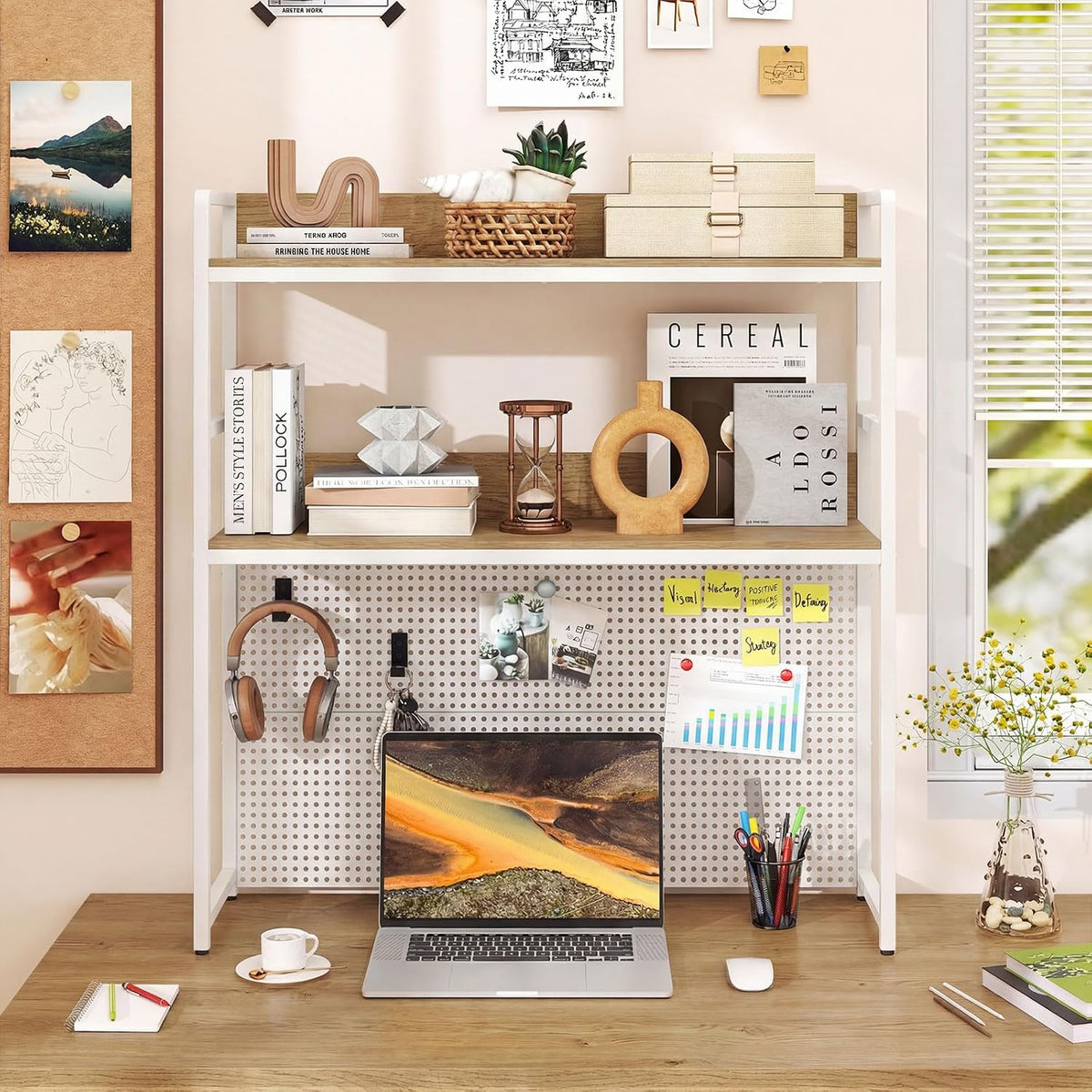 GIANTEX Desktop Bookshelf, 2-Tier Desk Hutch Dorm with Pegboard for up to 32" Computer Monitor, Industrial Countertop Storage Organizer Rack, Desk Shelf for Home Office (Natural)