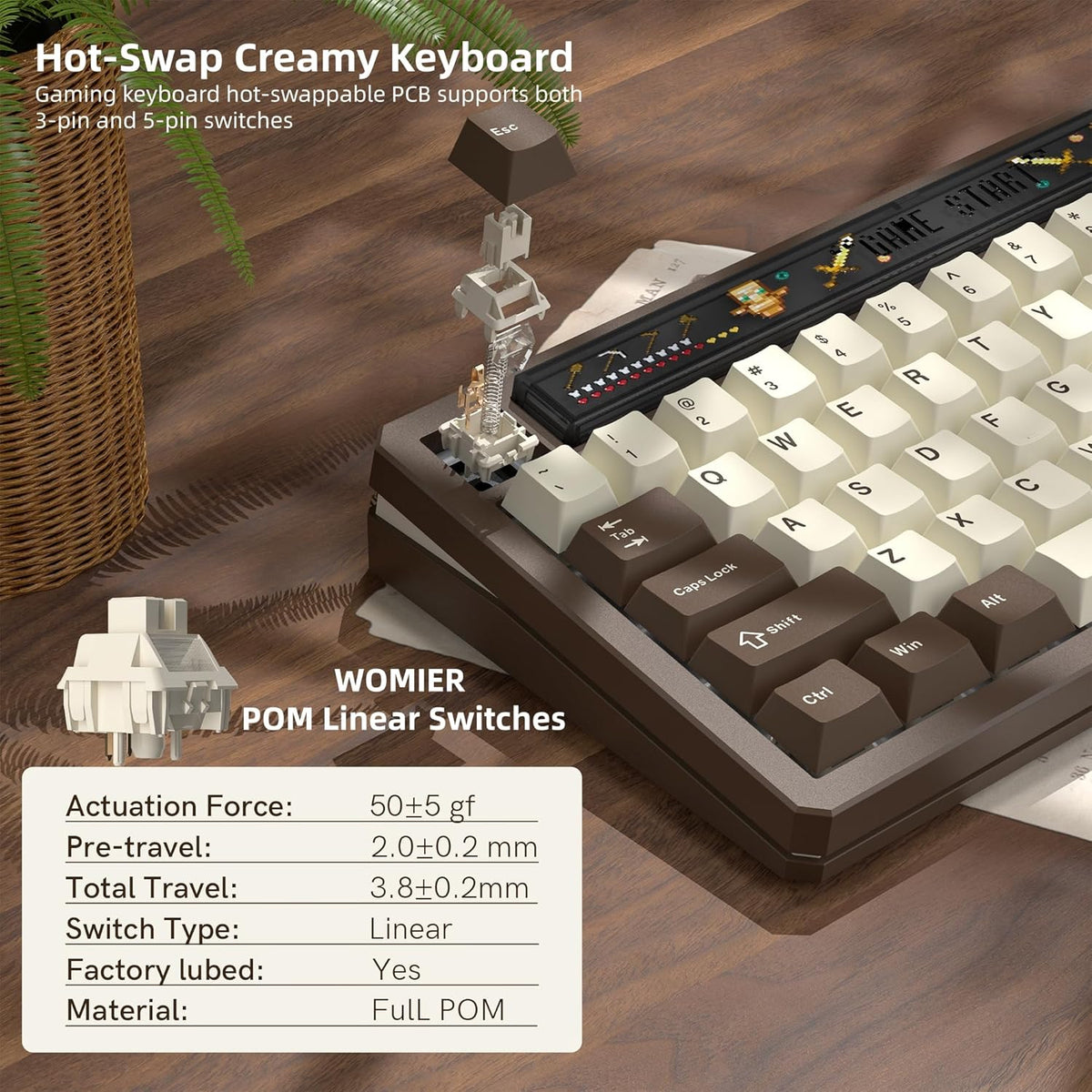 Womier 75% Wireless Mechanical Keyboard with Screen, Brown Keyboard-K80