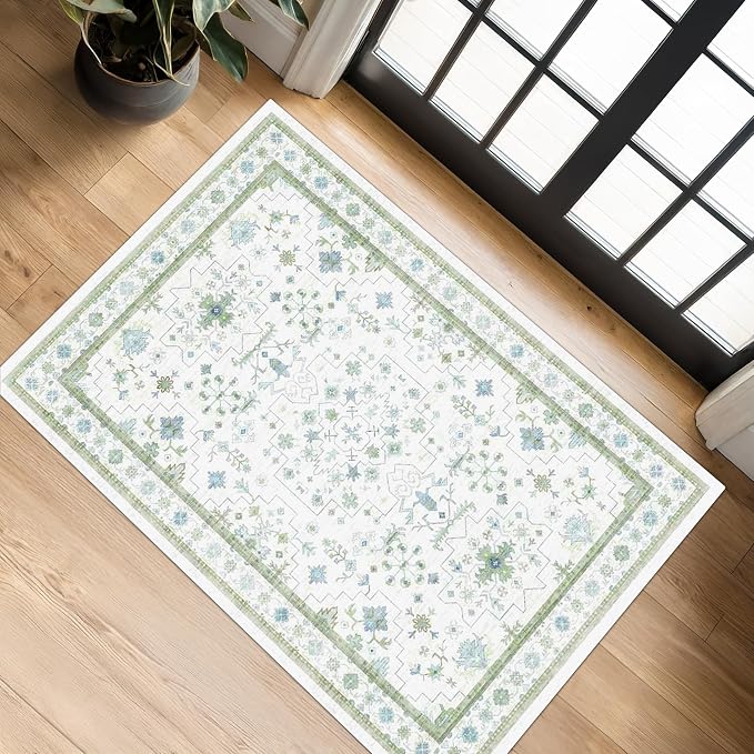 Cream Green and Blue 2x4 Boho Bathroom Rug