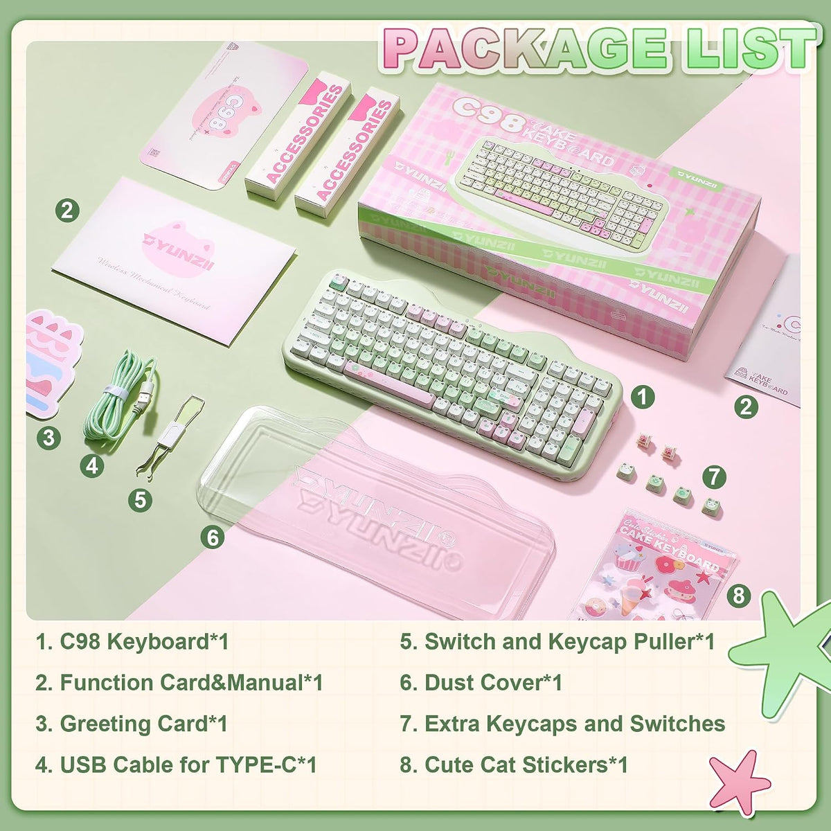 YUNZII C98 Cute Wireless Mechanical Keyboard(Green Mao, Candy Switch)