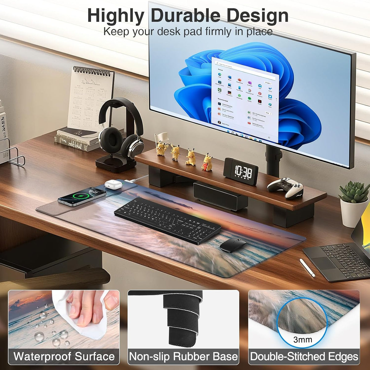 Beach Sunset Mouse Pad with Dual Wireless Charging, 31.5" x 15.8"