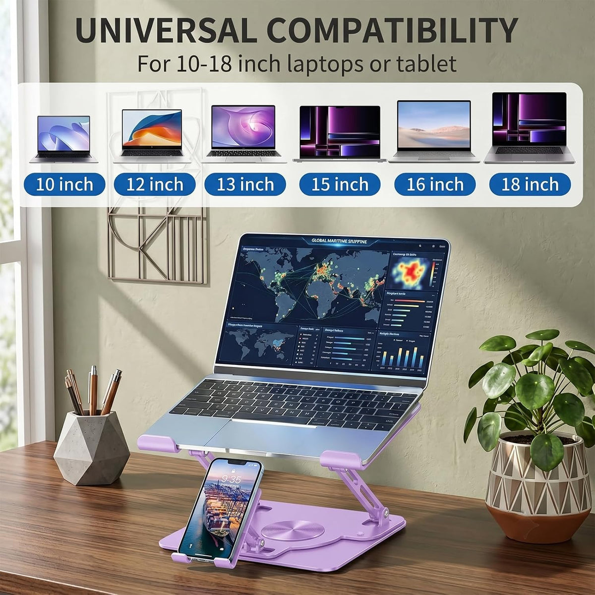 Adjustable 360°Rotating Laptop Stand, 2-in-1 Ergonomic Carbon Steel Laptop Riser with Detachable Phone Holder, Hollow Cooling Notebook Stand Fits 12.9-18 Inch Laptops (Purple)