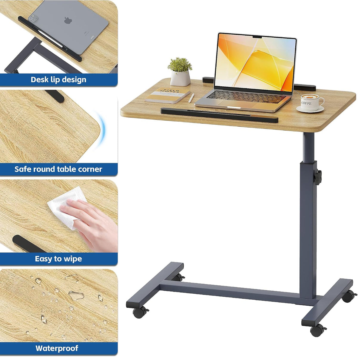 ZIWEI STAR Laptop Table Mobile Adjustable Height Portable Desk Notebook Swivel PC Computer Rolling Desk with Wheels, Laptop Stand for Couch Bedside Hospital Bed Table (Natural Color)
