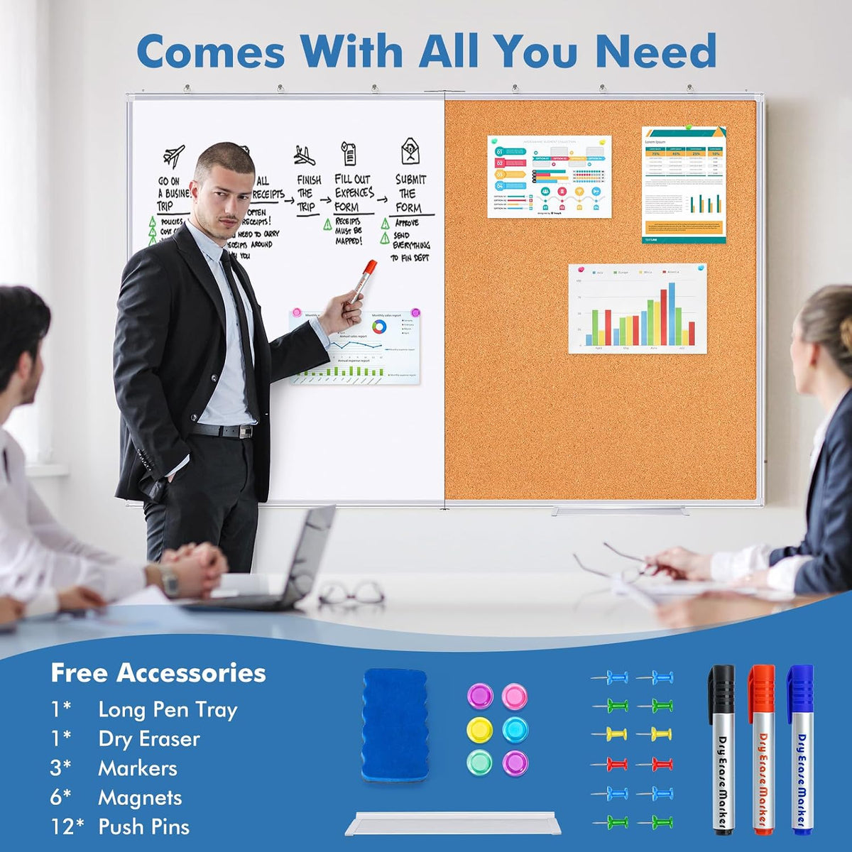 Magnetic White & Cork Board Combo 48" x 36" Aluminum Frame