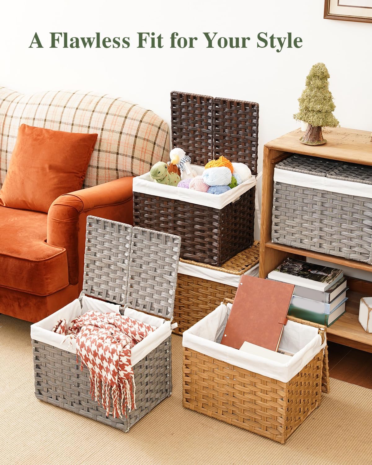 SETVSON Storage Basket with Lid, 2-Lid PE Rattan Storage Bin, Brown
