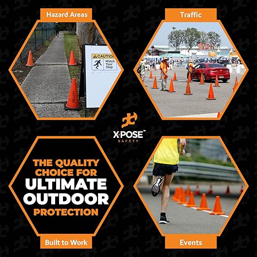 Xpose Safety 18 Inch Orange Traffic Cones, 48-Pack - Multipurpose PVC Plastic Safety Cone for Parking, Soccer, Caution, Kids and Construction - DOT Approved