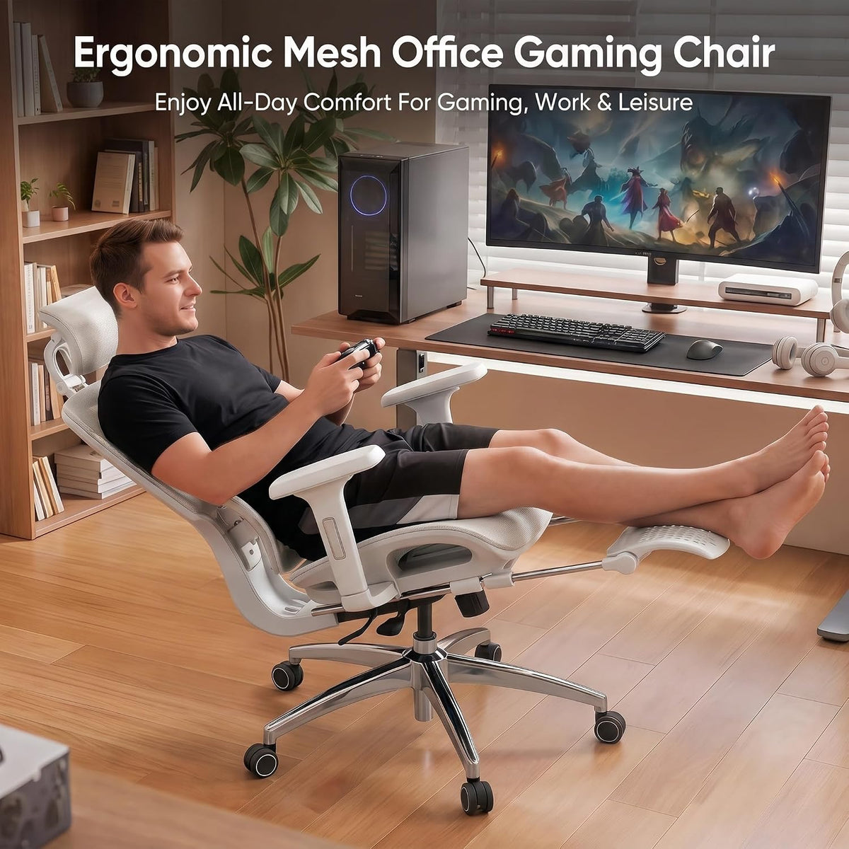 Vonesse Ergonomic Office Chair with Footrest, Desk Chairs with Dynamic Lumbar Support & Adjustable Depth Breathable Mesh Seat, Computer Gaming Chair with Adjustable 3D Headrest and Armrests (White)