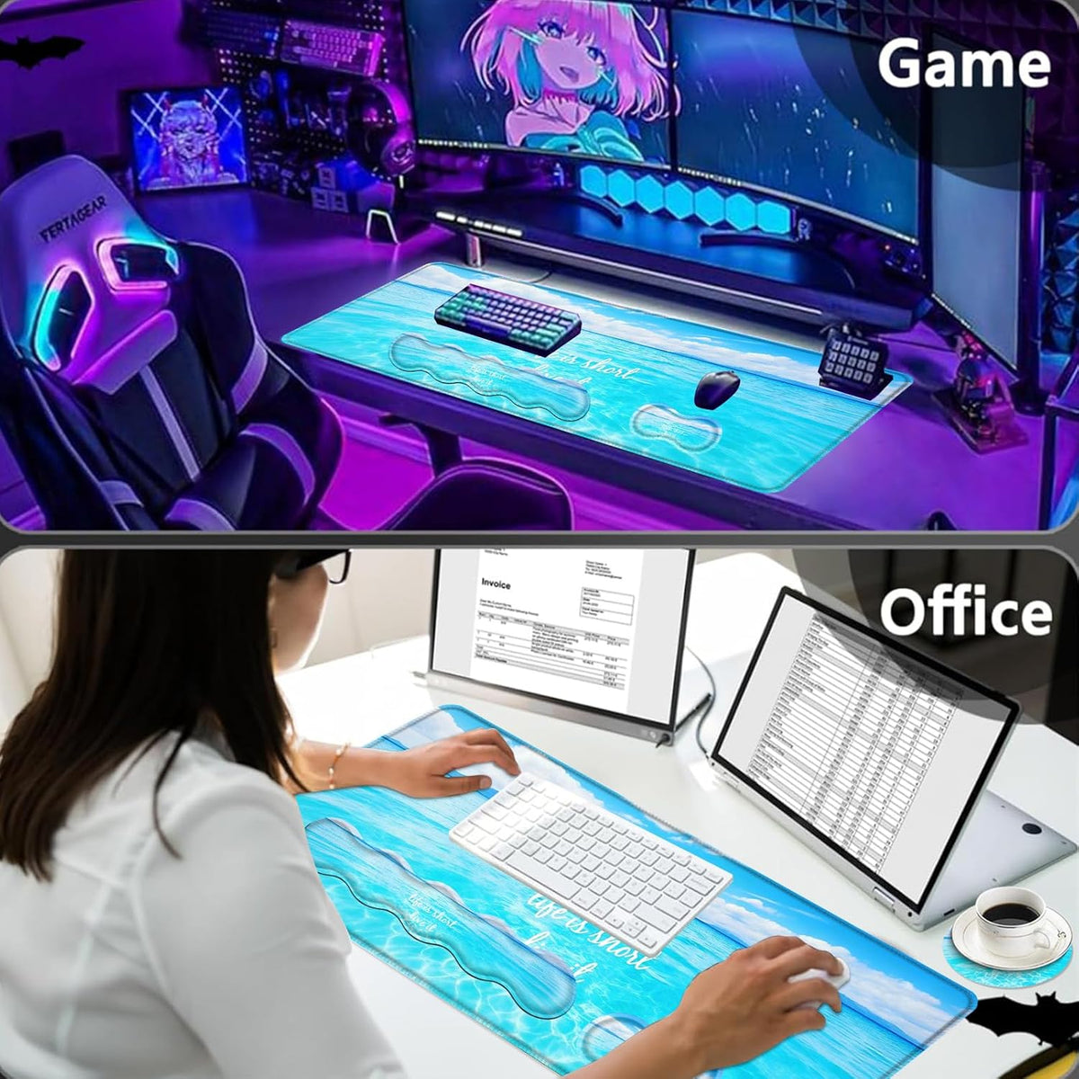 Large Mouse Pad Set,Extended Mouse Pad+Keyboard Wrist Rest Support Desk Pad Memory Foam Ergonomic Easy Typing,31.5×11.8 in Desk Mat Set for Home Office,Beach Life Inspirational
