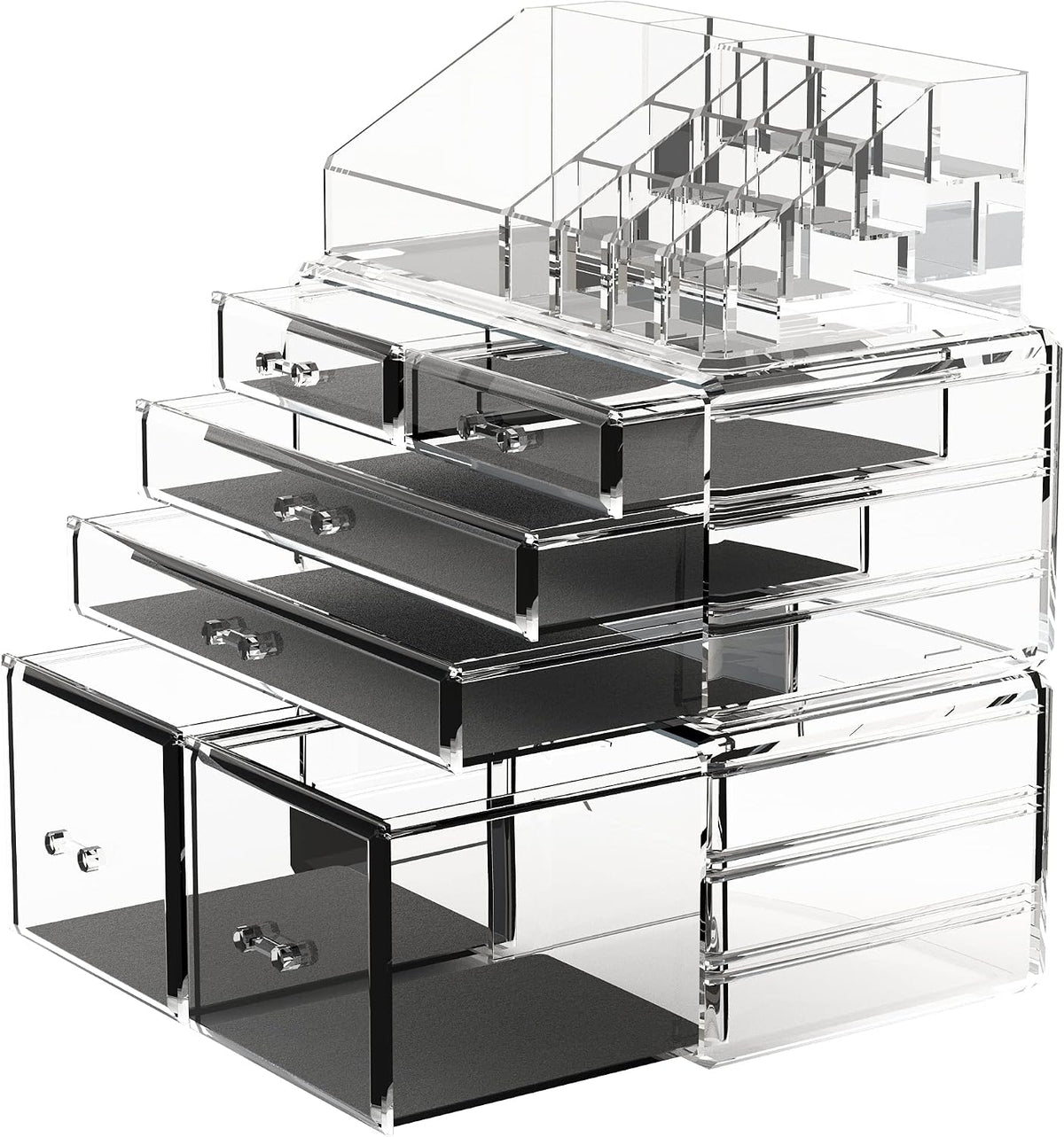 READAEER Makeup Organizer 3 Pieces Cosmetic Storage Case with 6 Drawers (Clear)