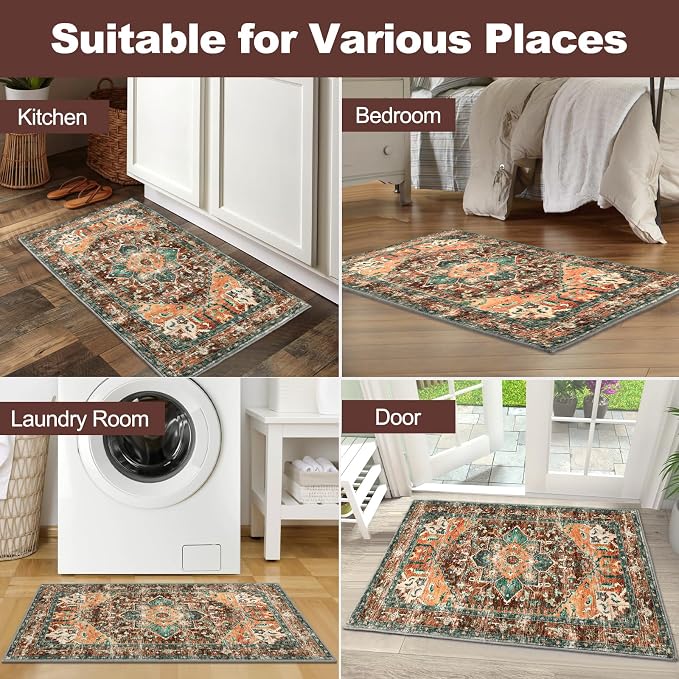 Yamaziot Washable Area Rug, 2x3 Small Entryway Rug Non-Slip Boho Vintage Rug