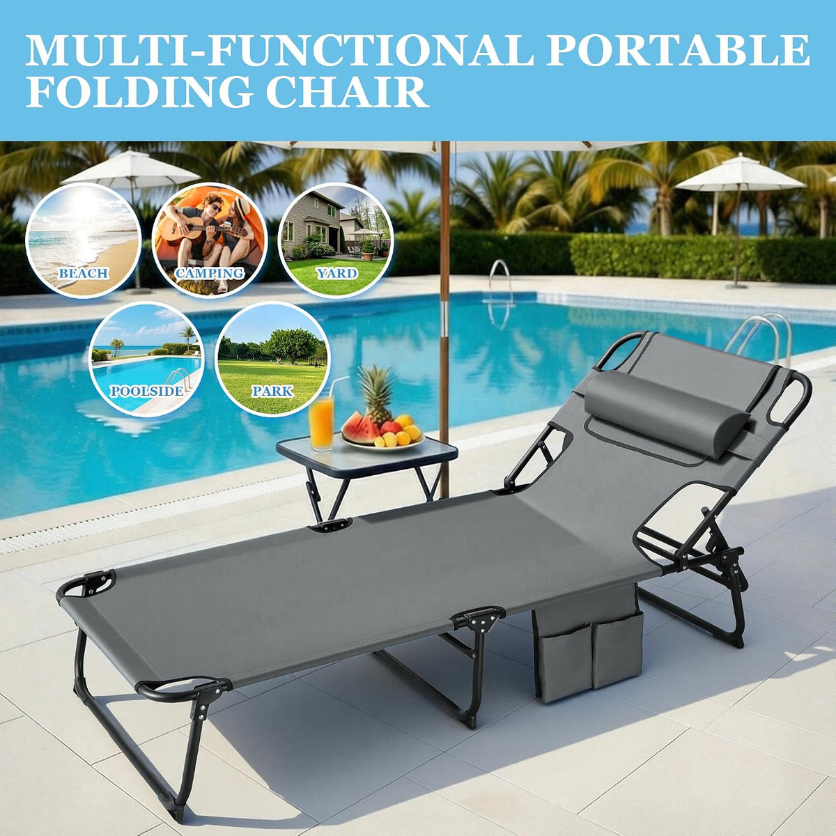 3-in-1 Sun Tanning Chair Outdoor Folding Chaise Lounge for Pool Beach, Grey
