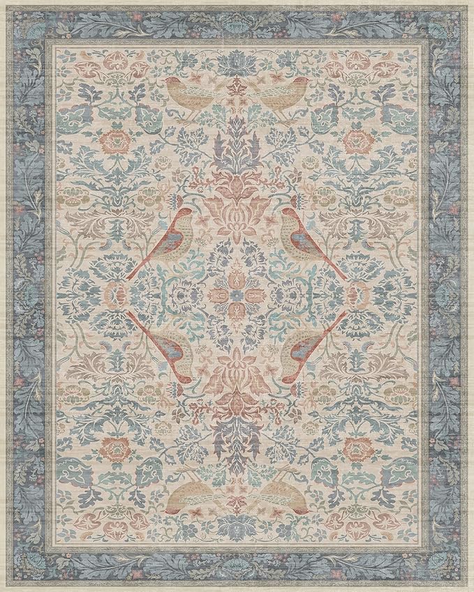 Soft Red and Blue 8x10 Living Room Rug, Oriental Non-Slip Area Rug