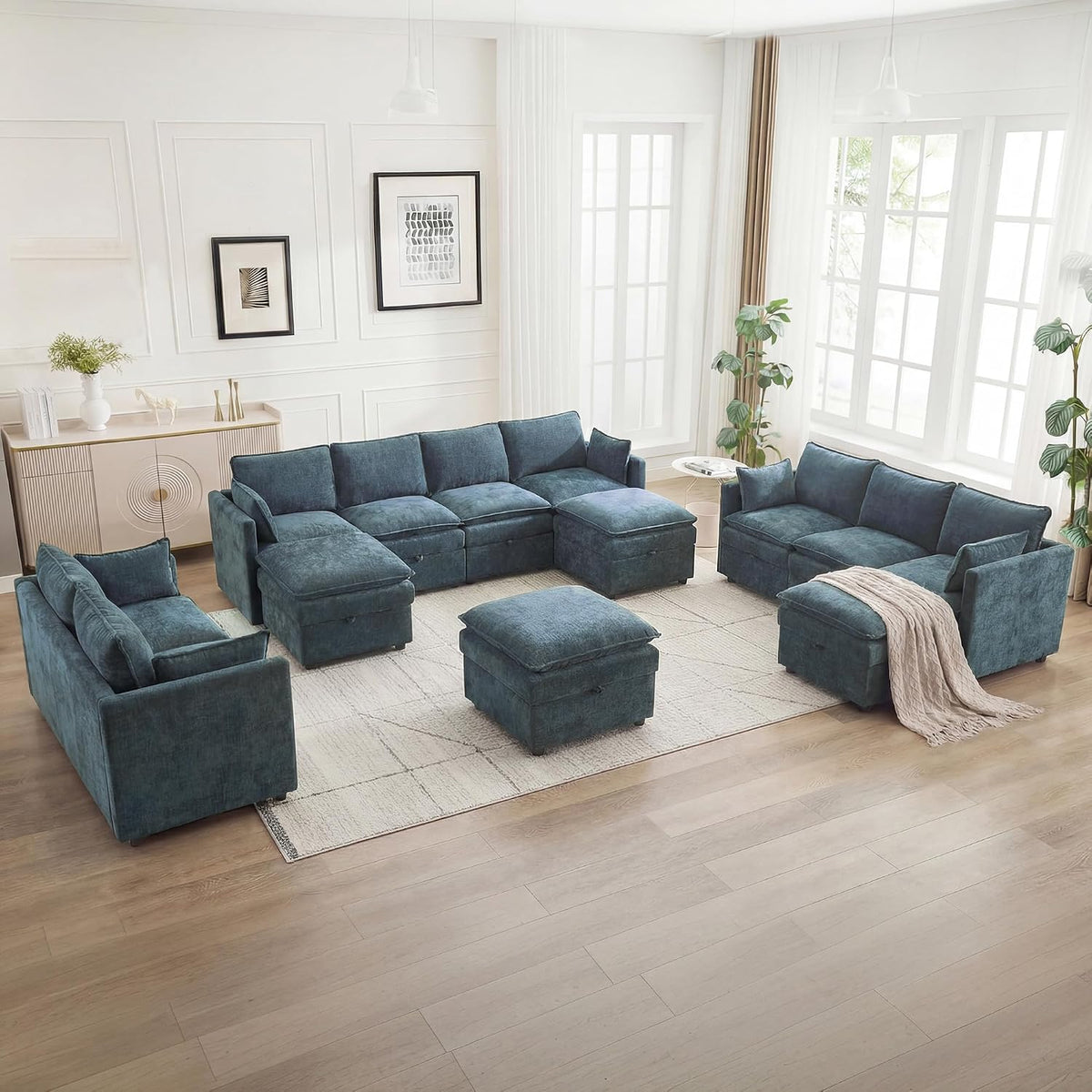 27" Large Square Ottoman with Storage, Modern Upholstered Footrest with Anti-Slip Legs for Couch Coffee Table Living Room, Bedroom, Entryway, Chenille Blue
