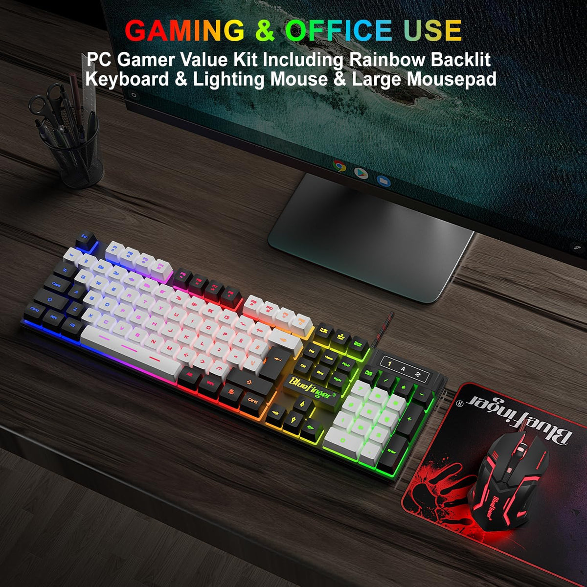 BlueFinger RGB Gaming Keyboard and Backlit Mouse Combo, USB Wired, LED Gaming Set for Laptop PC Computer Game and Work (Black & White)