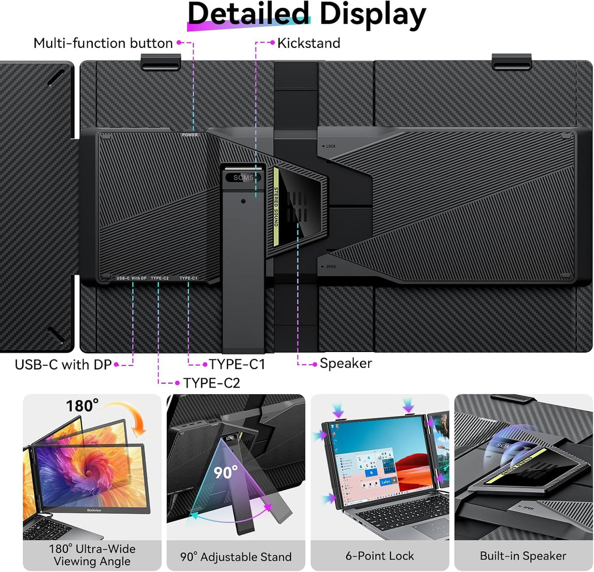 Blackview Laptop Screen Extender, 14" 1080P FHD IPS Portable Monitor, Ultra-Slim Travel Dual Monitor Fit for 13"-17.3" Laptops, USB-C Plug &Play Extended Screen for Windows/Mac/Android/Switch