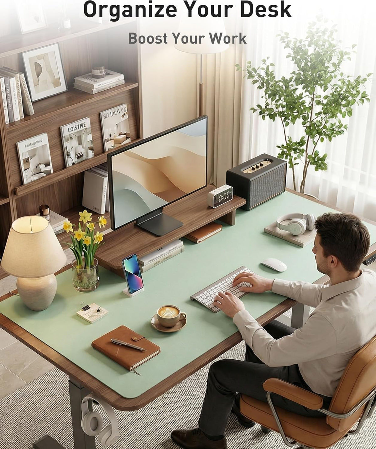 Aothia Faux Leather Desk Mat - Large Mouse Pad, Non-Slip PU Leather Blotter, Waterproof Writing Surface for Office and Home (Aqua, 63" x 17")