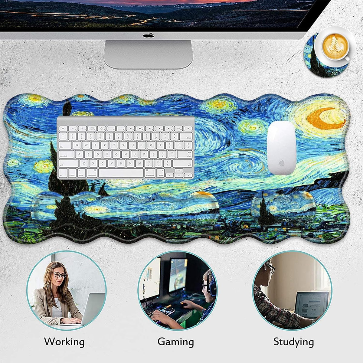 4 in 1 Desk Mat Set,Mouse Pad with Keyboard Wrist Rest,Wave-Shaped Design,Non-Slip Rubber Base,Waterproof,for Home,Office,Gaming,Starry Night