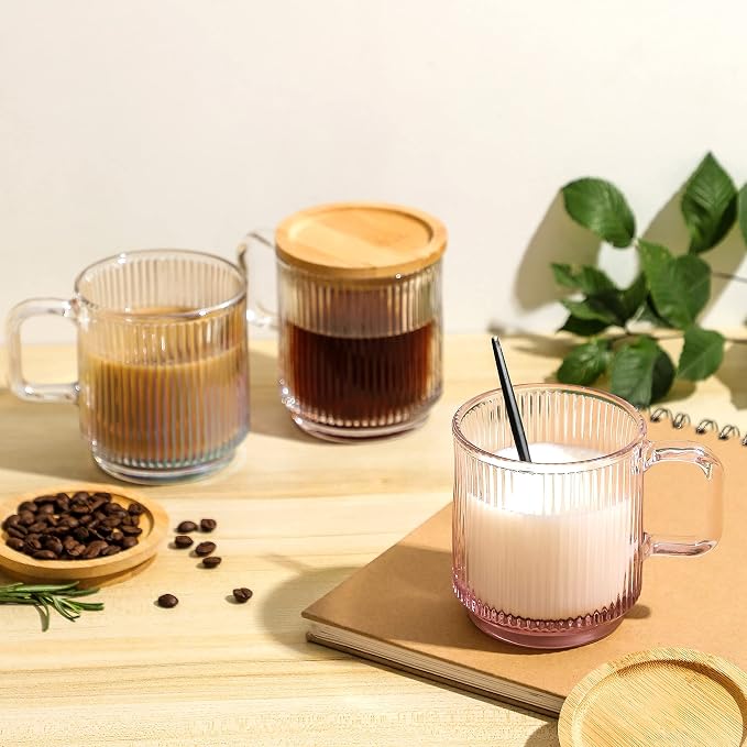 Lysenn Clear Glass Mug with Lid, Premium Glass Coffee Mug, 12 oz Tea Cup |