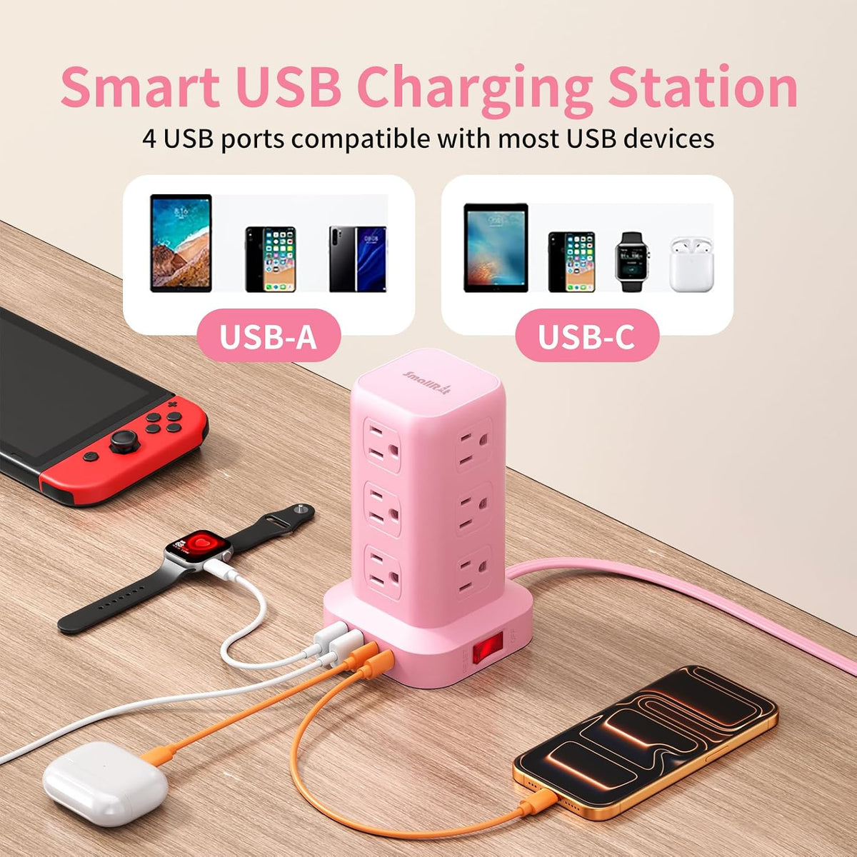 Extension Cord with Multiple Outlets, SMALLRT Power Strip Tower, Outlet Extender with 12 AC Outlets 4 USB, 6.5FT Extension Cord for Home Dorm Room, Office Supplies, Pink