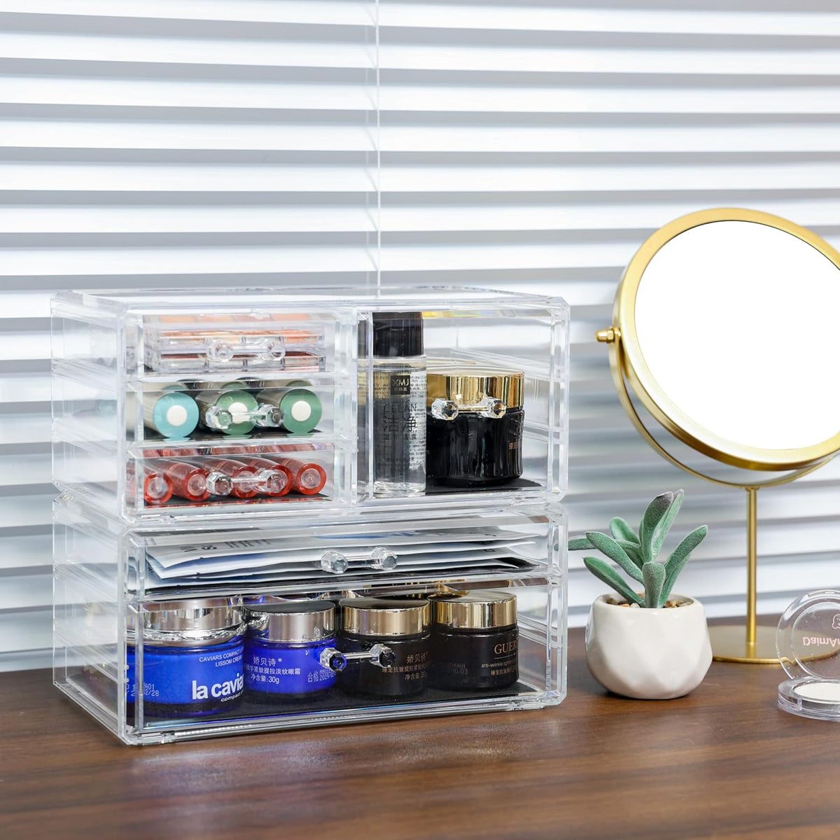 Cq acrylic 2 Pack Clear Desk Organizer With Drawers,Stackable 6 Drawers Skincare Organizer,Cute Skin Care Organizers for Vanity Hair Clip,Jewelry,Beauty Product Desk and Makeup Organizers Countertop