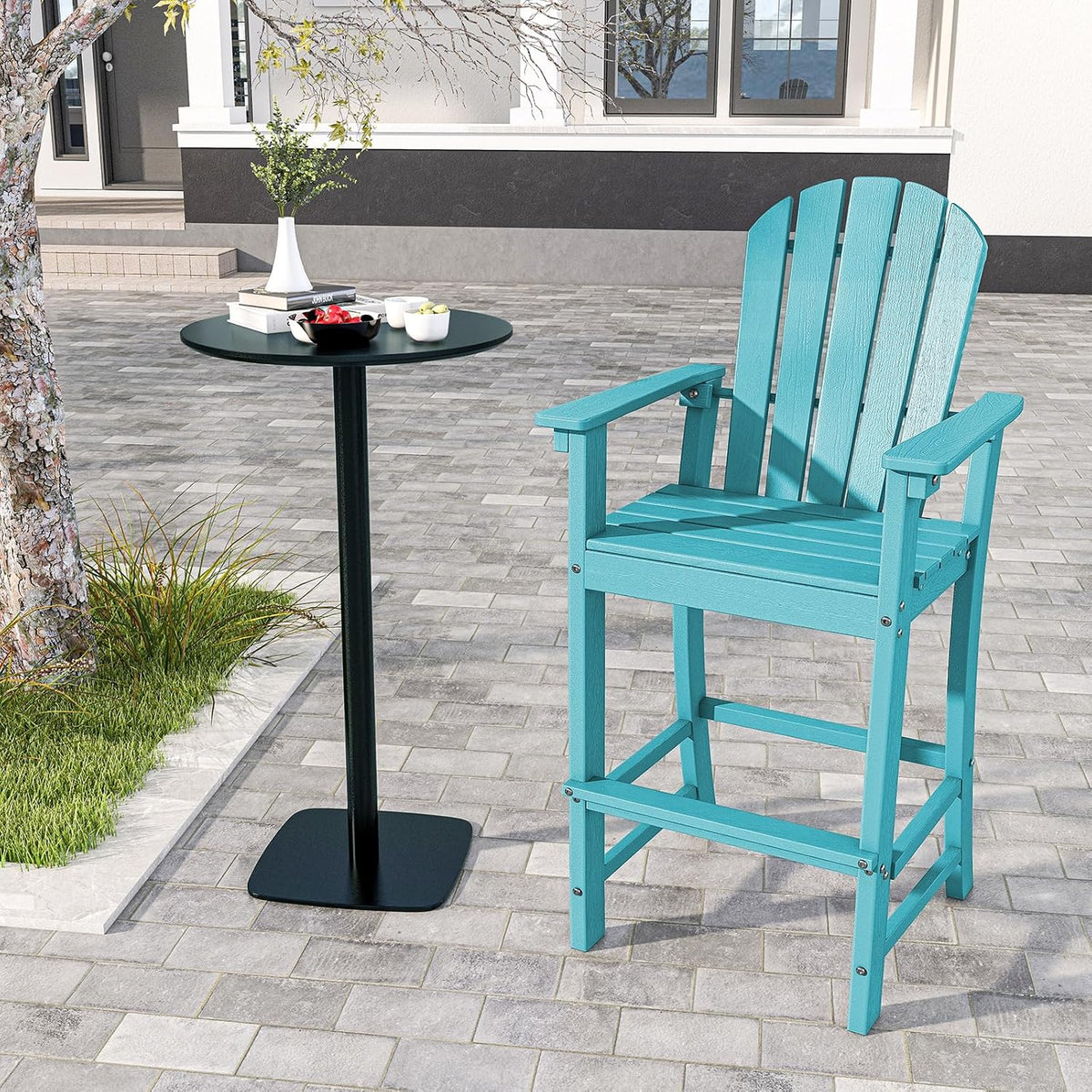 Tangkula Outdoor Tall Adirondack Chair 30 Inches Seat Height, HDPE Bar Height Patio Chair with High Backrest, Armrests and Footrest, Outdoor Bar Stool for Balcony Deck Garden Poolside (1, Turquoise)